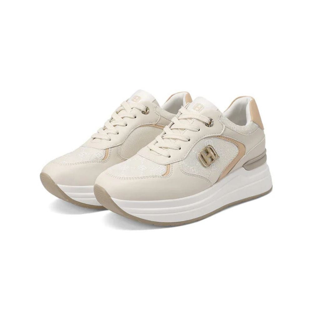 QUEEN HELENA Sneakers donna con zeppa beige/camel X34-21