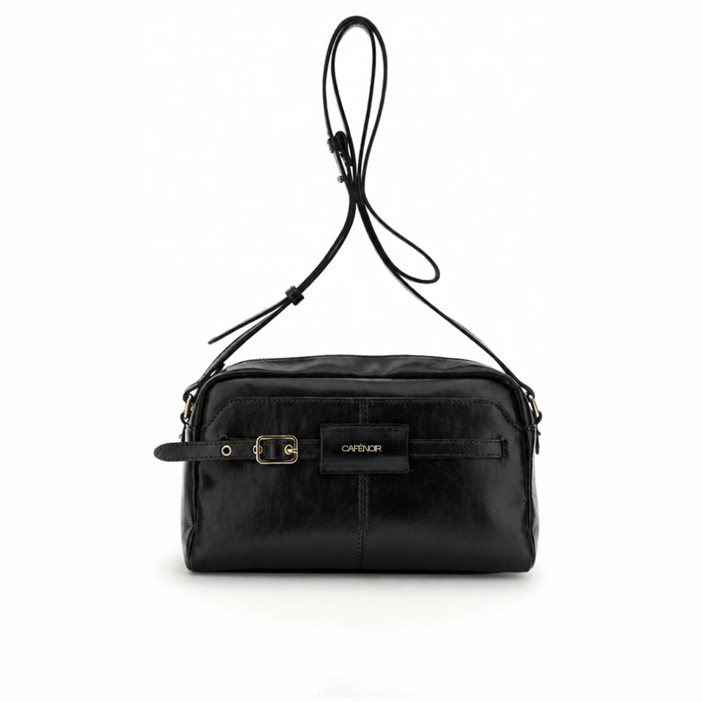 CAFENOIR camera bag effetto pelle lucida, con tasca davanti e dietro NERO