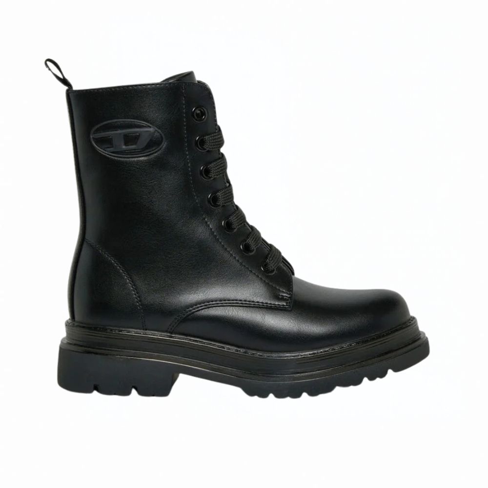 DIESEL D-Anfistr- Stivali DONNA combat con logo Oval D embossato NERO