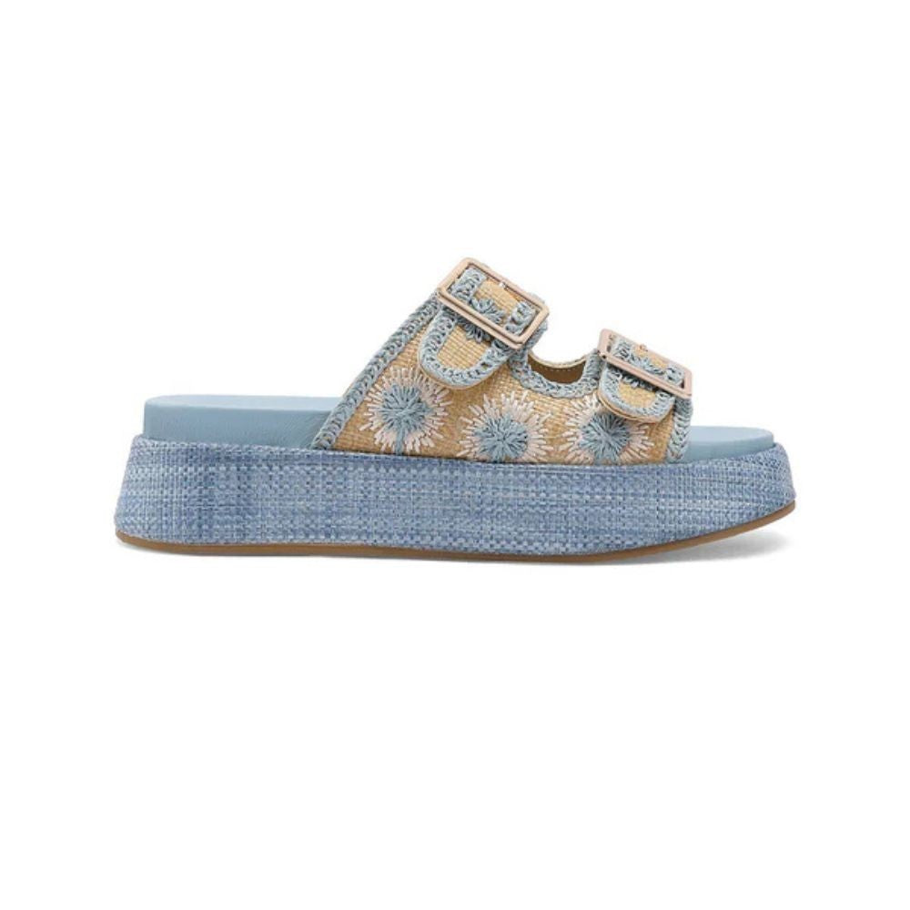 QUEEN HELENA Sandali donna platform con fibbie e dettagli floreali ricamati BLU