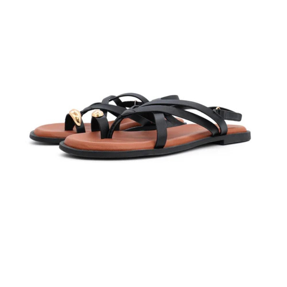 QUEEN HELENA Sandali donna flat infradito a fasce con cinturino NERO ZD135-26