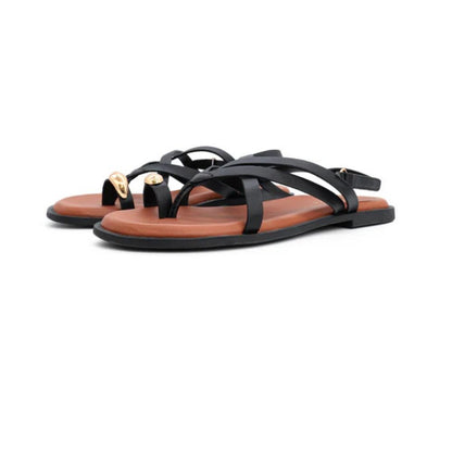 QUEEN HELENA Sandali donna flat infradito a fasce con cinturino NERO ZD135-26