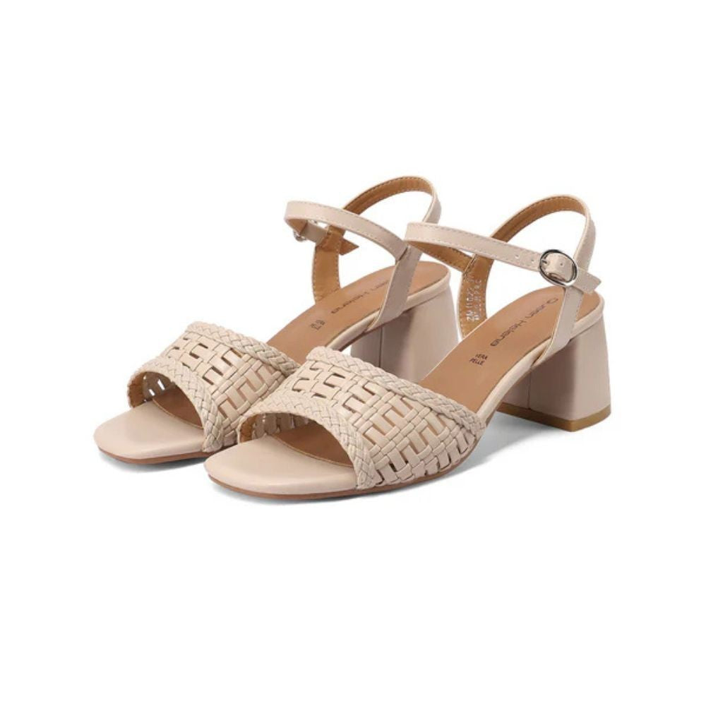 QUEEN HELENA Sandali intrecciati a maglia con tacco largo beige ZM11022
