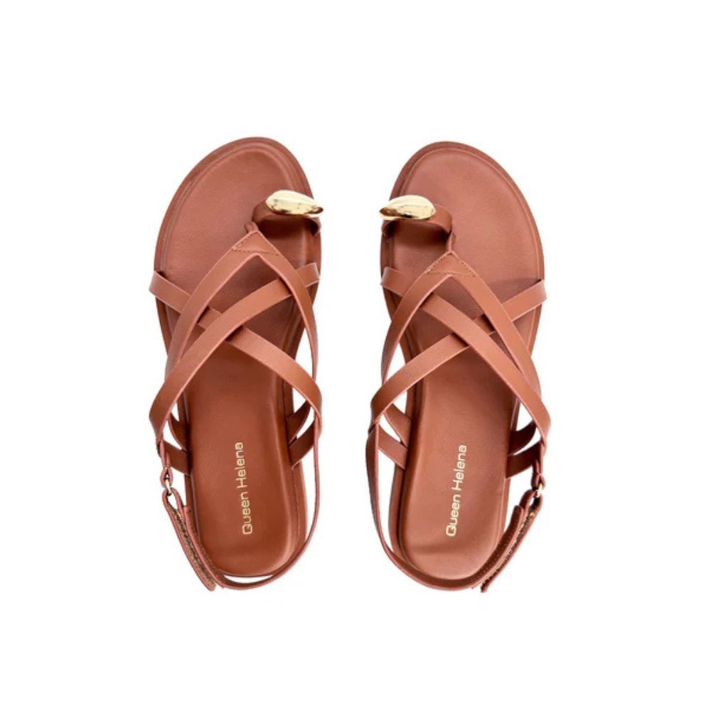 QUEEN HELENA Sandali donna flat infradito a fasce con cinturino BROWN ZD135-26
