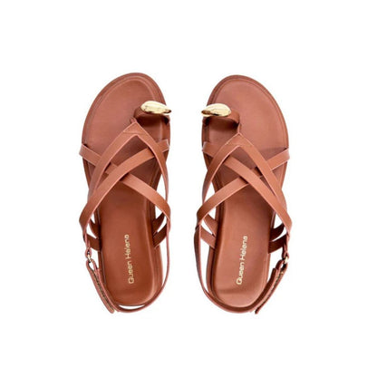 QUEEN HELENA Sandali donna flat infradito a fasce con cinturino BROWN ZD135-26