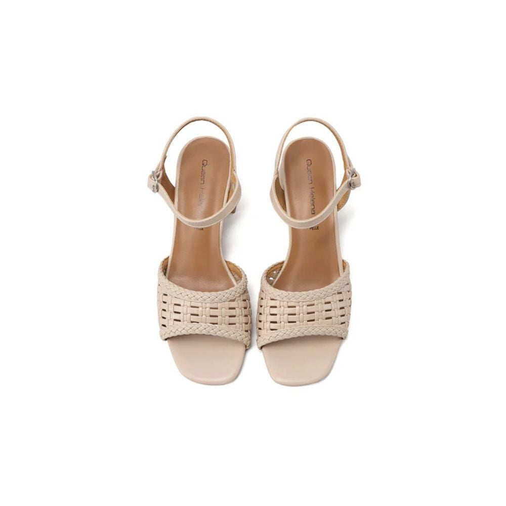 QUEEN HELENA Sandali intrecciati a maglia con tacco largo beige ZM11022
