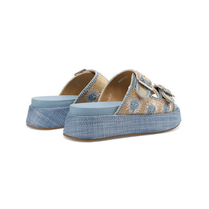QUEEN HELENA Sandali donna platform con fibbie e dettagli floreali ricamati BLU