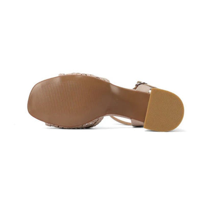 QUEEN HELENA Sandali intrecciati a maglia con tacco largo beige ZM11022