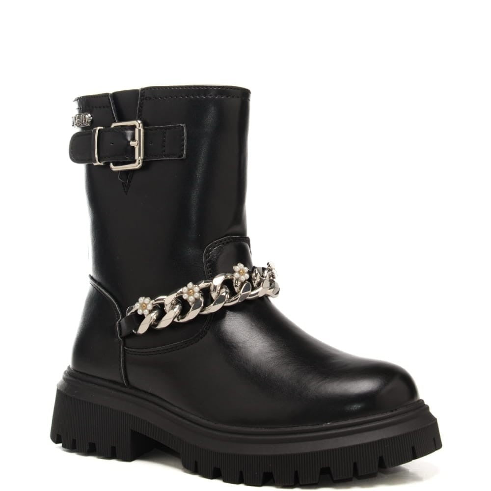 Liu Jo stivaletti da bambina con maxi catena con fiori applicati neri