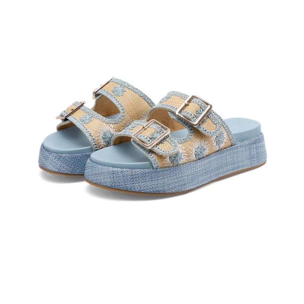 QUEEN HELENA Sandali donna platform con fibbie e dettagli floreali ricamati BLU
