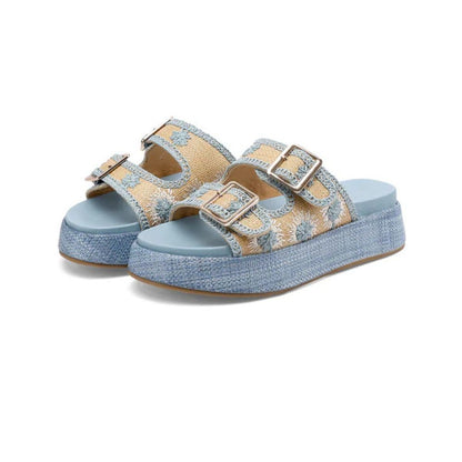 QUEEN HELENA Sandali donna platform con fibbie e dettagli floreali ricamati BLU