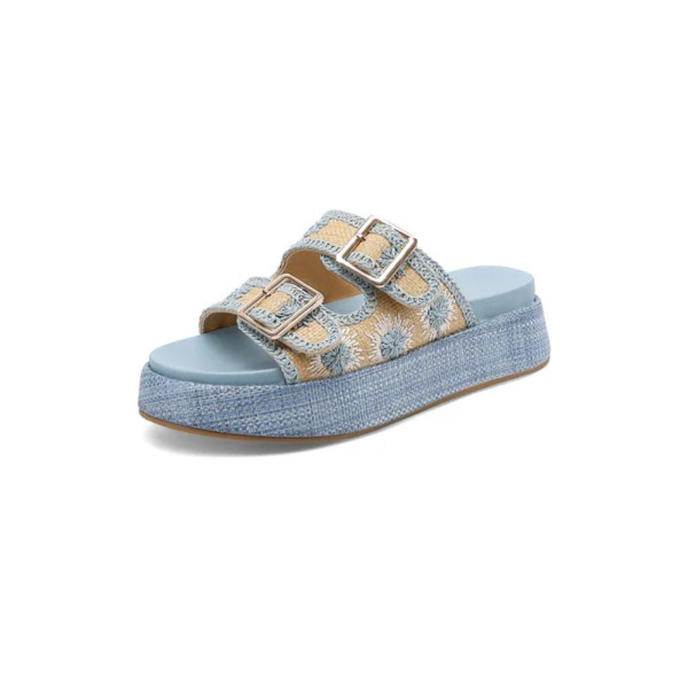QUEEN HELENA Sandali donna platform con fibbie e dettagli floreali ricamati BLU