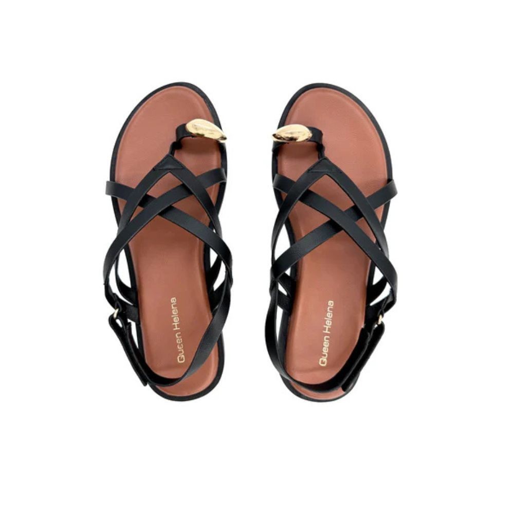 QUEEN HELENA Sandali donna flat infradito a fasce con cinturino NERO ZD135-26