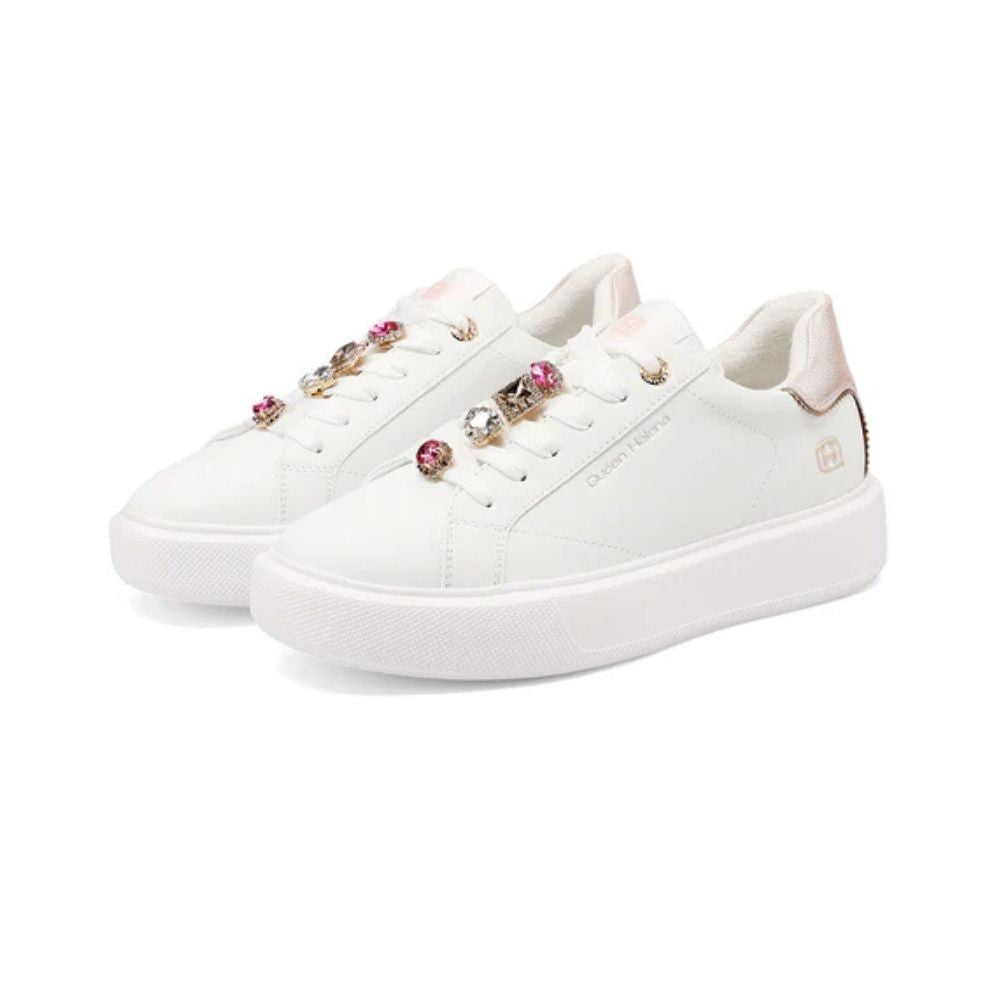 QUEEN HELENA Sneakers donna platform con dettagli gioiello bianco-rosa X34-1