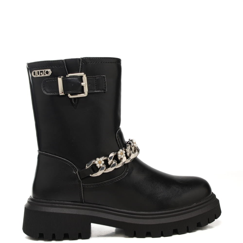 Liu Jo stivaletti da bambina con maxi catena con fiori applicati neri