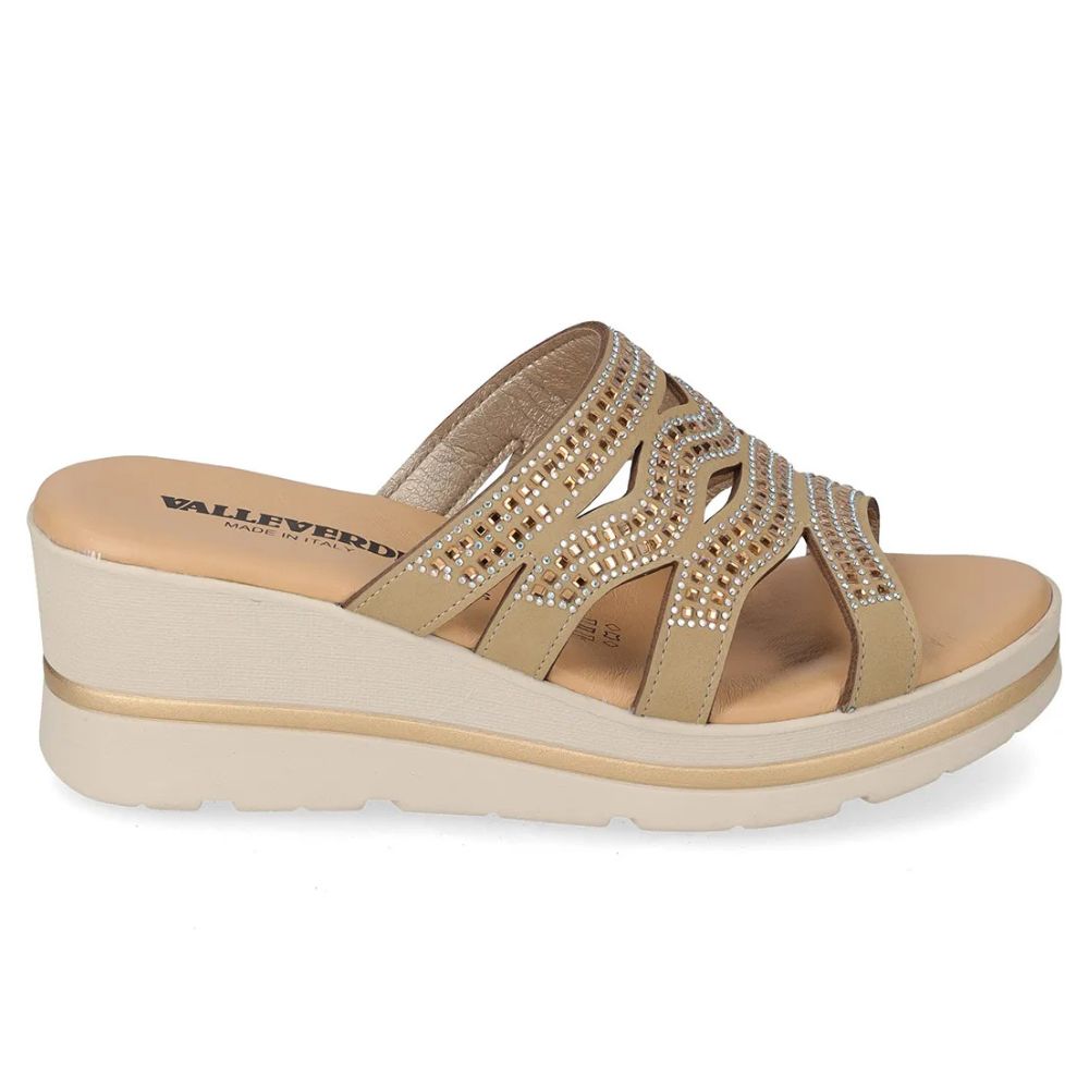 VALLEVERDE Zeppa Gold Donna con tomaio strass e sottopiede in pelle. Made in Italy.