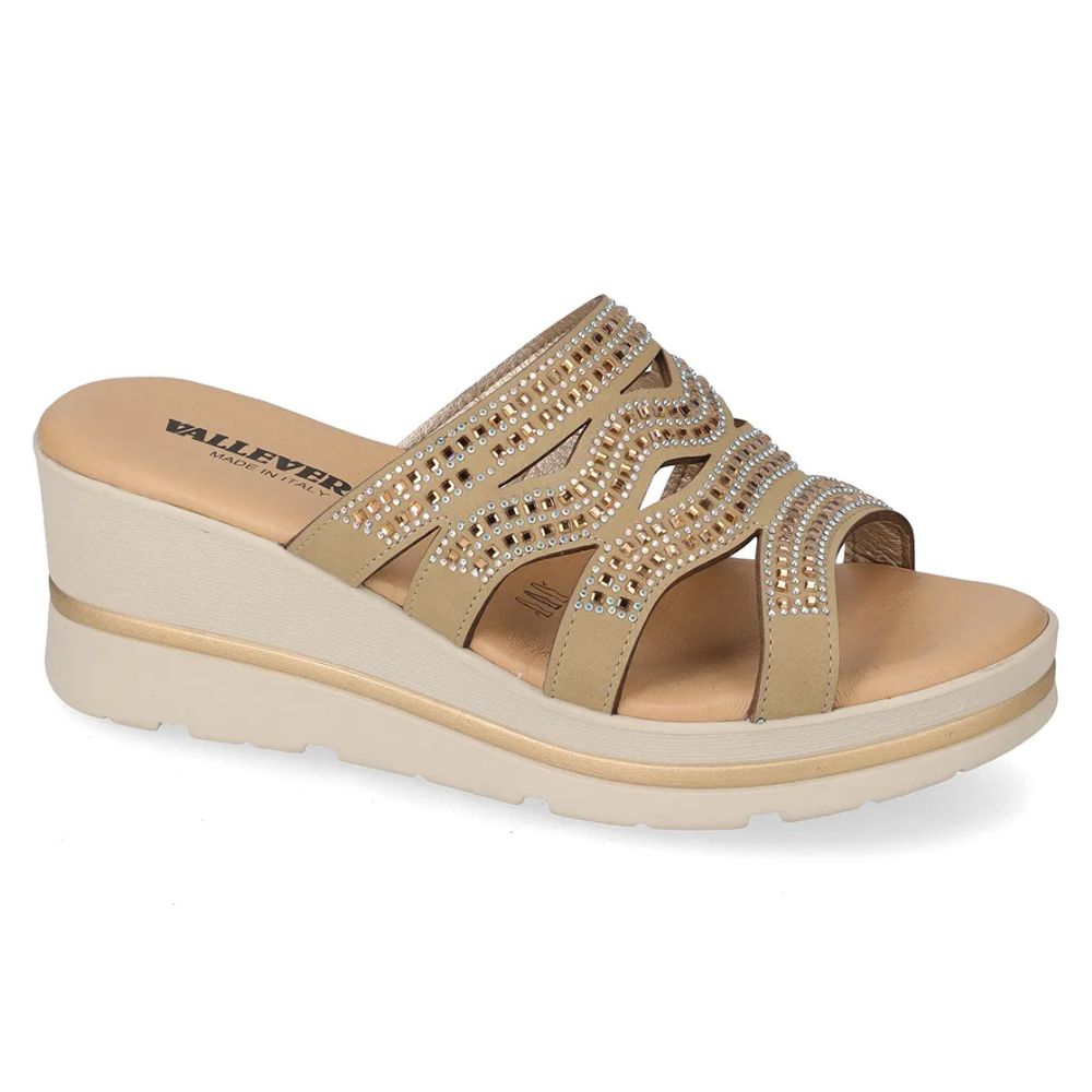 VALLEVERDE Zeppa Gold Donna con tomaio strass e sottopiede in pelle. Made in Italy.