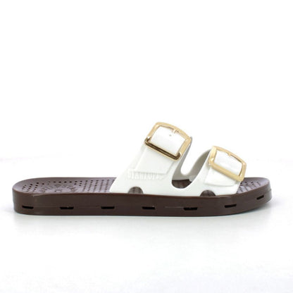 STARTUP sandali donna ciabatte in gomma con doppie fibbie, white/brown