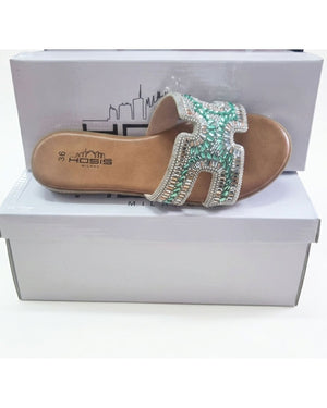 Hosis Milano Ciabatta Donna con Strass e Cristalli – Green