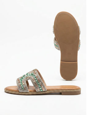 Hosis Milano Ciabatta Donna con Strass e Cristalli – Green