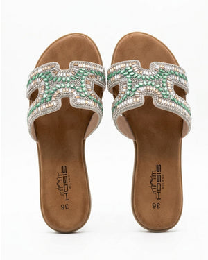 Hosis Milano Ciabatta Donna con Strass e Cristalli – Green