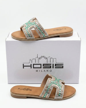 Hosis Milano Ciabatta Donna con Strass e Cristalli – Green