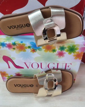 Ciabatte Donna Vougue Platino in Vera Pelle con Fibbia Dorata - Made in Italy