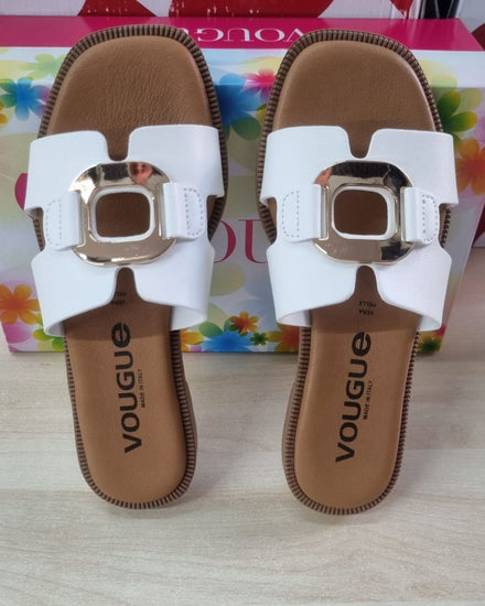 Ciabatte Donna Vougue Bianche in Vera Pelle con Fibbia Dorata - Made in Italy