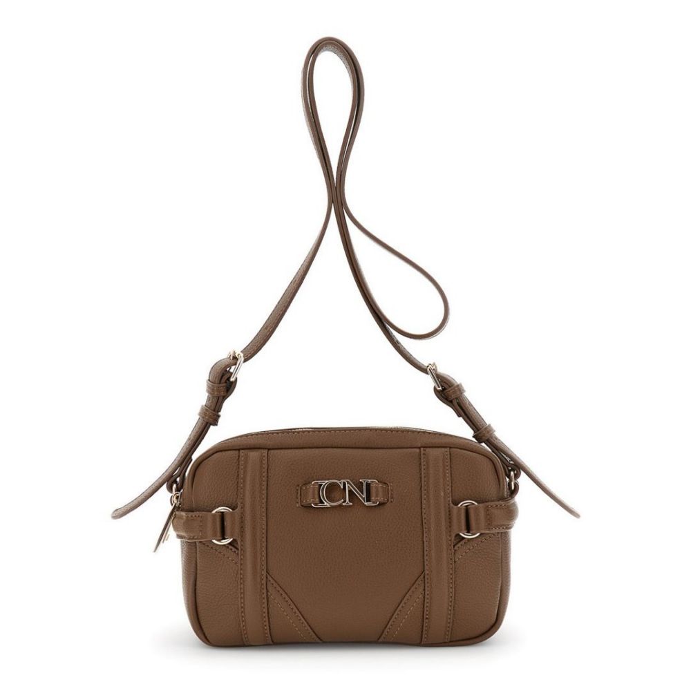 CAFENOIR borsa camera bag effetto pelle con grana con cinghie e fibbie marrone
